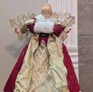 Porcelain Angel Vintage 16in Metal Acrylic Beaded Wings Burgundy And Gold